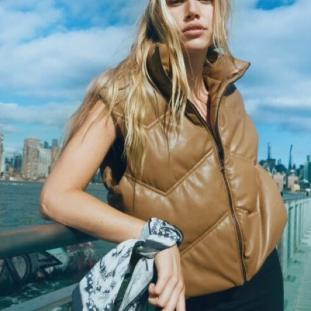 Zara Brown Faux Leather Puffer Vest